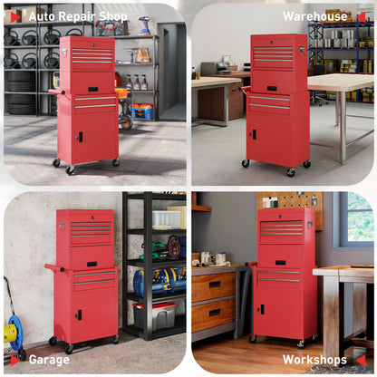 HOMCOM Three-Part Steel Locking Tool Chest - Red-Rolling Cabinets & Chests-ChewyGames-ChewyGames