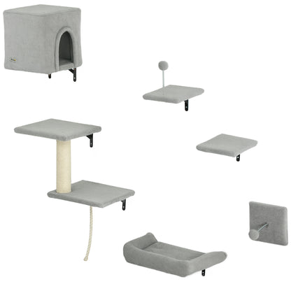 PawHut 6-Piece Cat Wall Shelves Set with Condo, Cat Wall Furniture with Platforms, Sisal Scratching Post, Bed, Toy Ball, Grey
