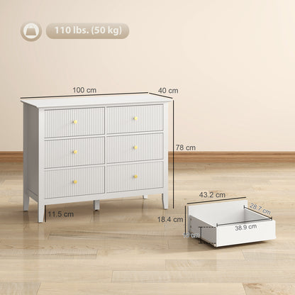 HOMCOM Fluted Dresser, 6 Drawer Chest of Drawers for Bedroom, Living Room, Hallway, Closet, White