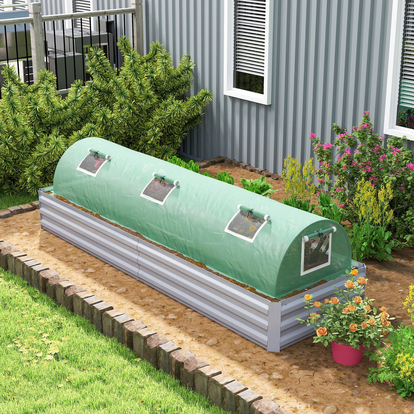 Outsunny Mini Greenhouse, Portable Tunnel Green House, Green Grow House Steel Frame with 5 Mesh Windows, 3 M, Green