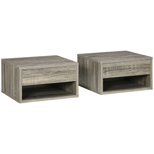 HOMCOM Floating Bedside Tables Set of 2, Wall Mounted Nightstand, Grey Wood Effect