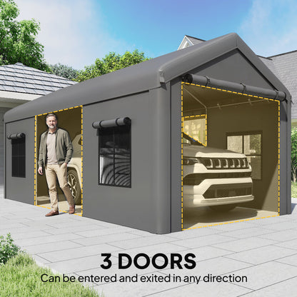 Outsunny 3 x 6 m Heavy Duty Carport, Portable Garage Car Canopy Tent with Galvanised Frame, Doors, Windows, Dark Grey