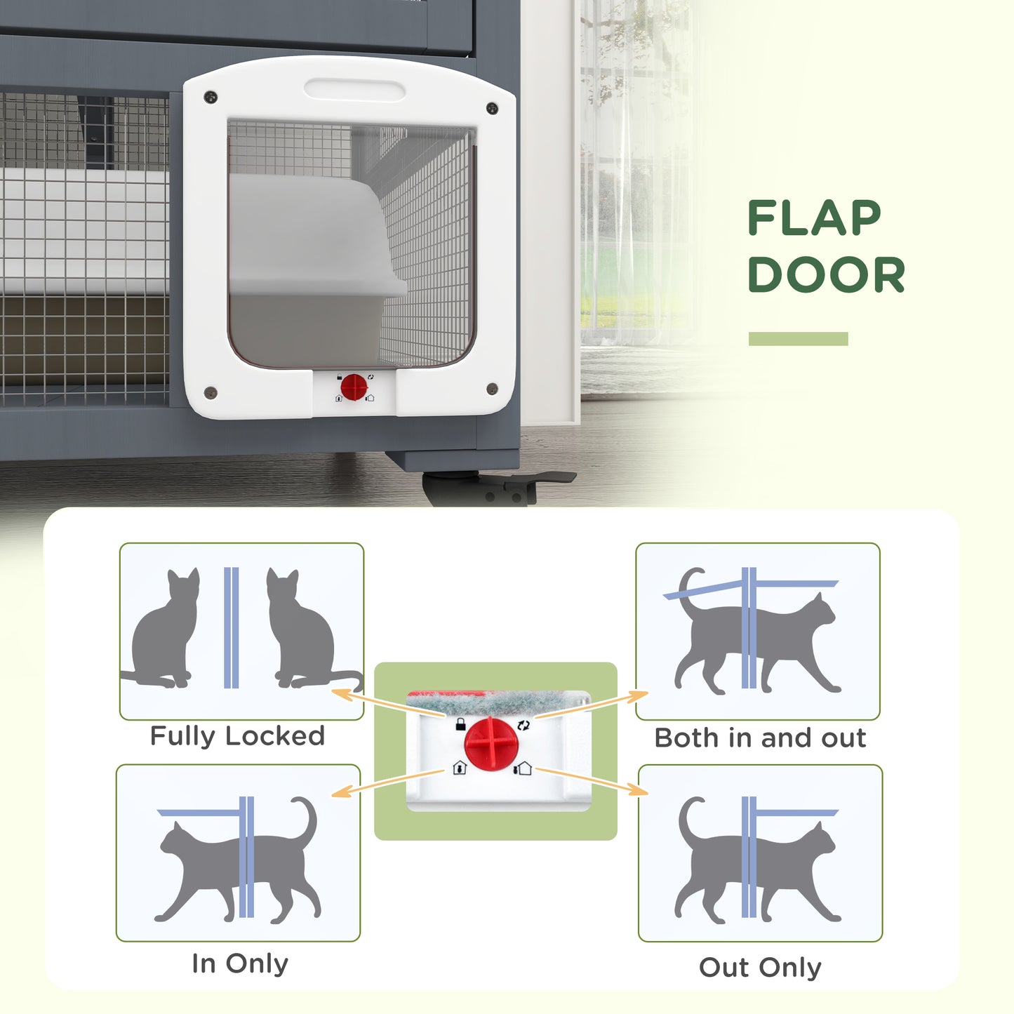 PawHut Cat House, Wooden Indoor Catio Cat Enclosure on Wheels, Wooden Kitty Cage with Platforms, Hammock, Light Grey