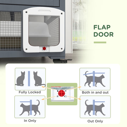 PawHut Cat House, Wooden Indoor Catio Cat Enclosure on Wheels, Wooden Kitty Cage with Platforms, Hammock, Light Grey
