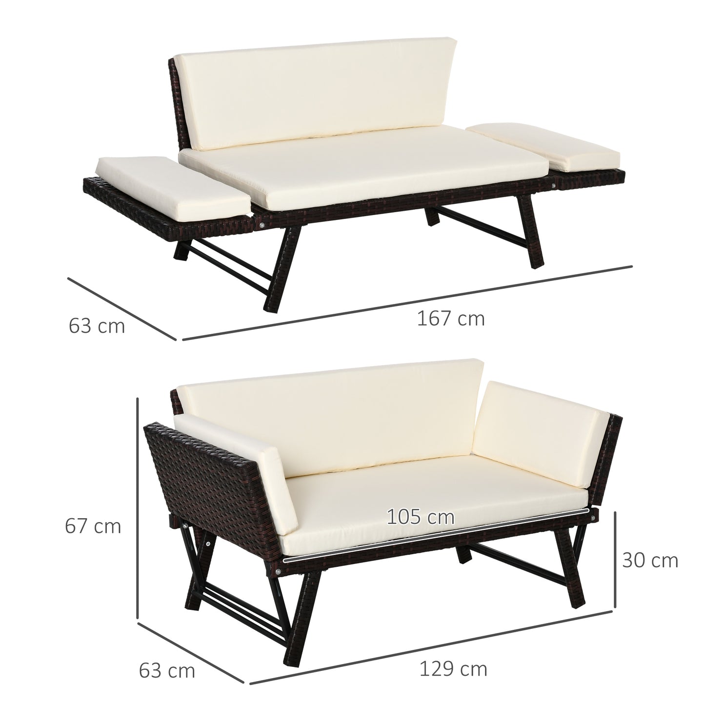 Outsunny 2-Seater 2-in-1 Rattan Convertible Sofa Daybed, Brown