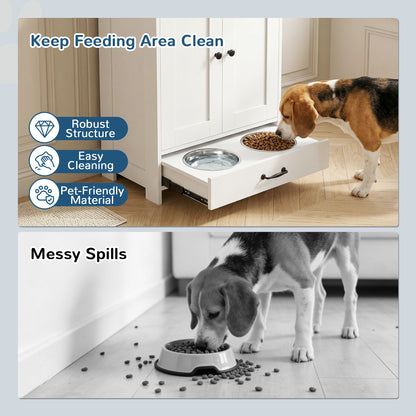 PawHut Pet Feeding Station with Raised Dog Bowls, Adjustable Panel, Hooks, White