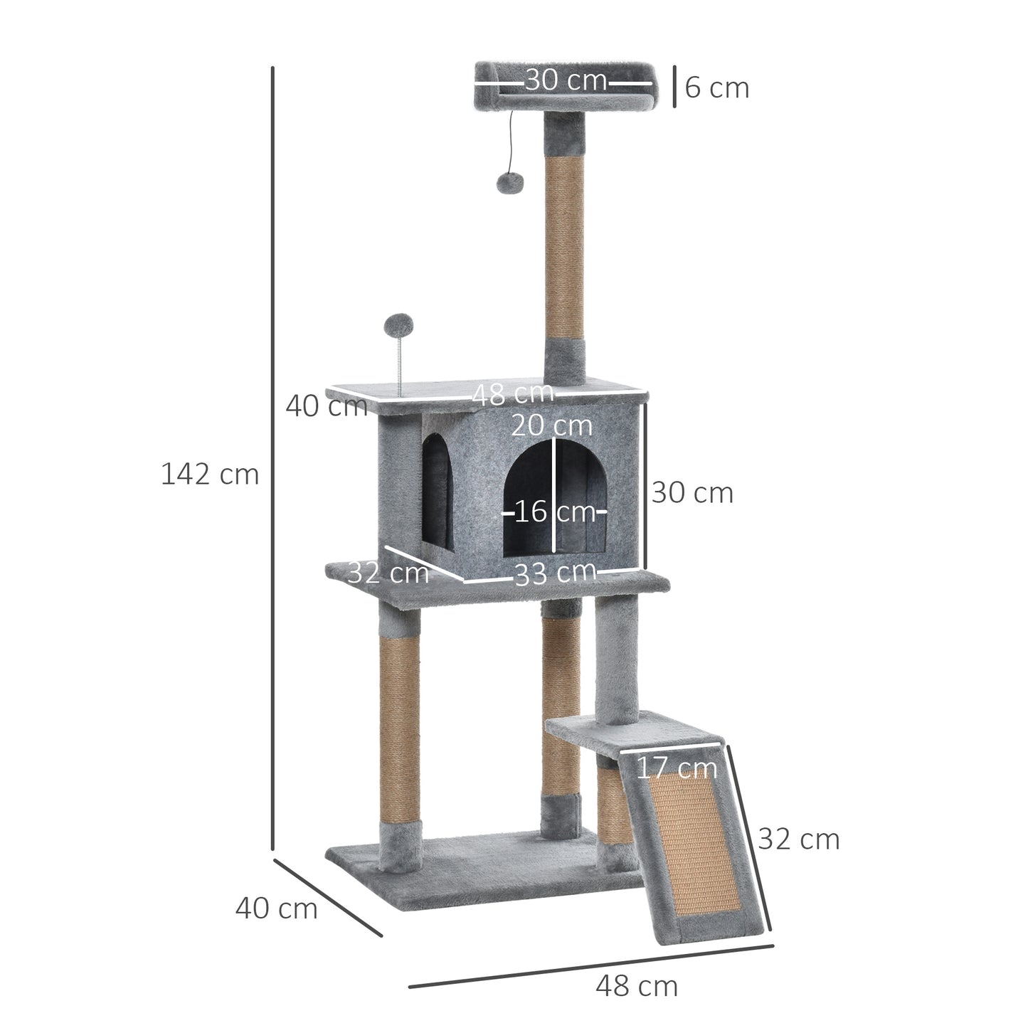 PawHut Cat Tree Tower 142cm Climbing Kitten Activity Center with Jute Scratching Post Board, Removable Felt Hanging Toy, Grey
