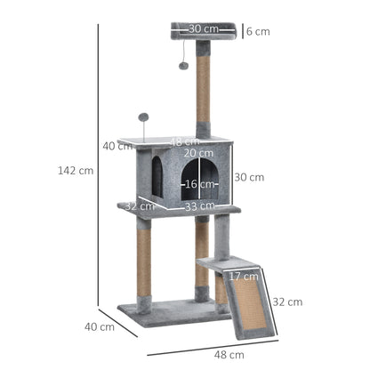 PawHut Cat Tree Tower 142cm Climbing Kitten Activity Center with Jute Scratching Post Board, Removable Felt Hanging Toy, Grey