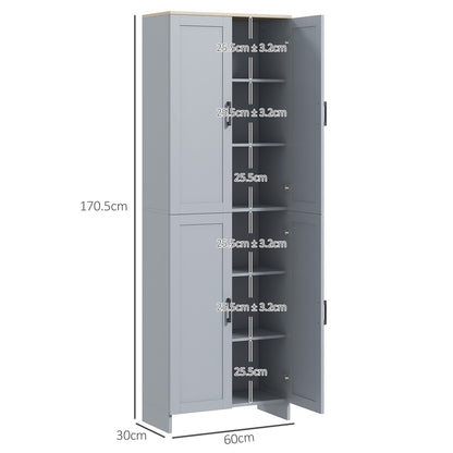 HOMCOM Freestanding Kitchen Cupboard, 4-Door Storage Cabinet with Adjustable Shelves, Modern Kitchen Pantry for Dining Room, 170cm, Grey