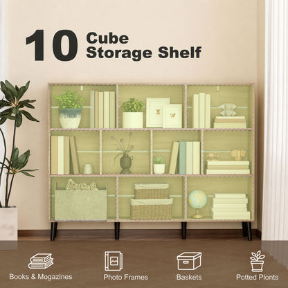 HOMCOM 10-Cube Bookcase, 3-Tier Book Shelf with Solid Wood Legs, 140 cm Modern Bookshelf with Anti-Tip Kit, Oak