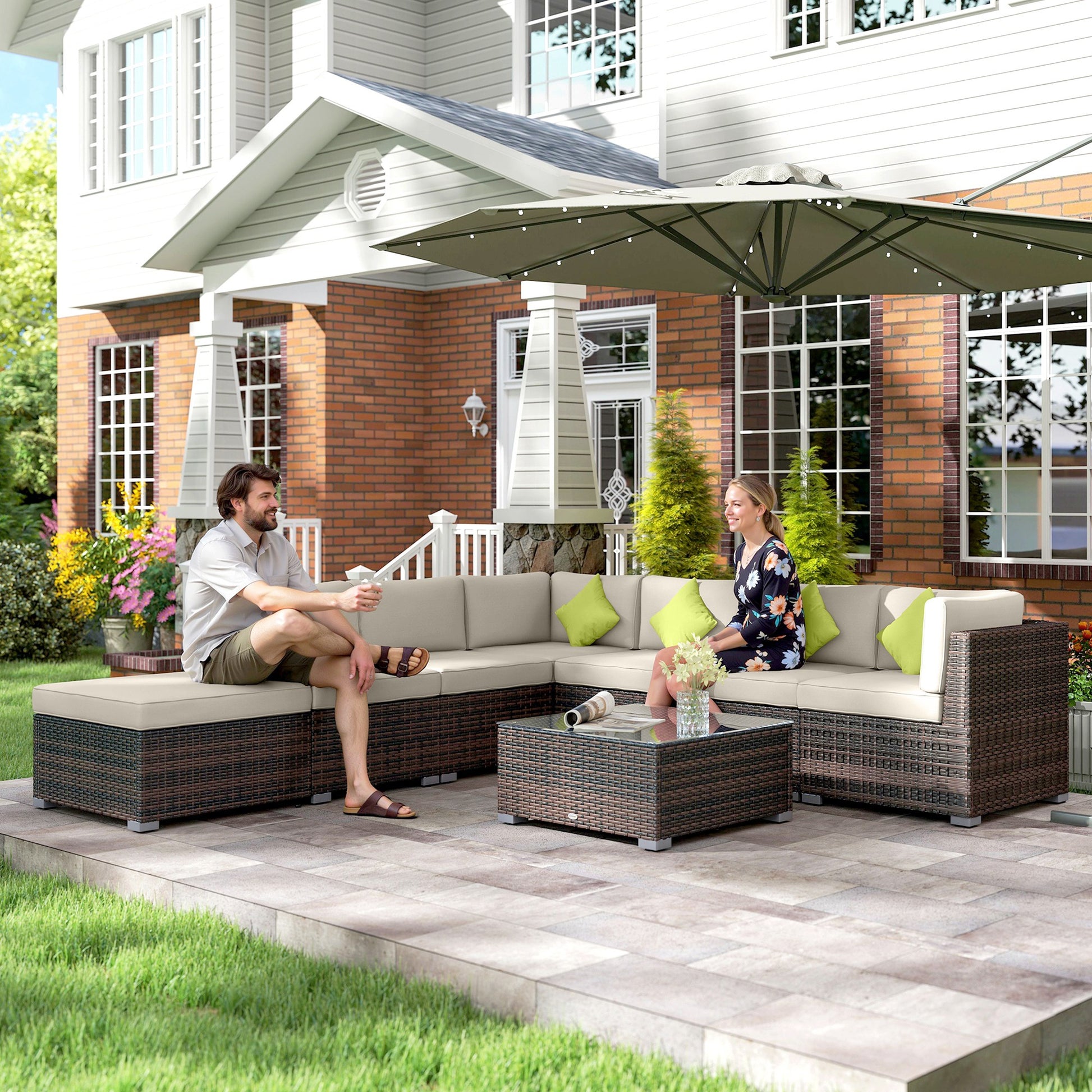 Outsunny 8 Piece Rattan Corner Sofa Set with Wide & Deep Seat, Assembled Aluminium PE Rattan Garden Furniture Set with Thick Cushions and Glass Top Table for Outdoor, Conservatory, Mixed Brown-Outdoor Furniture Sets-ChewyGames-ChewyGames