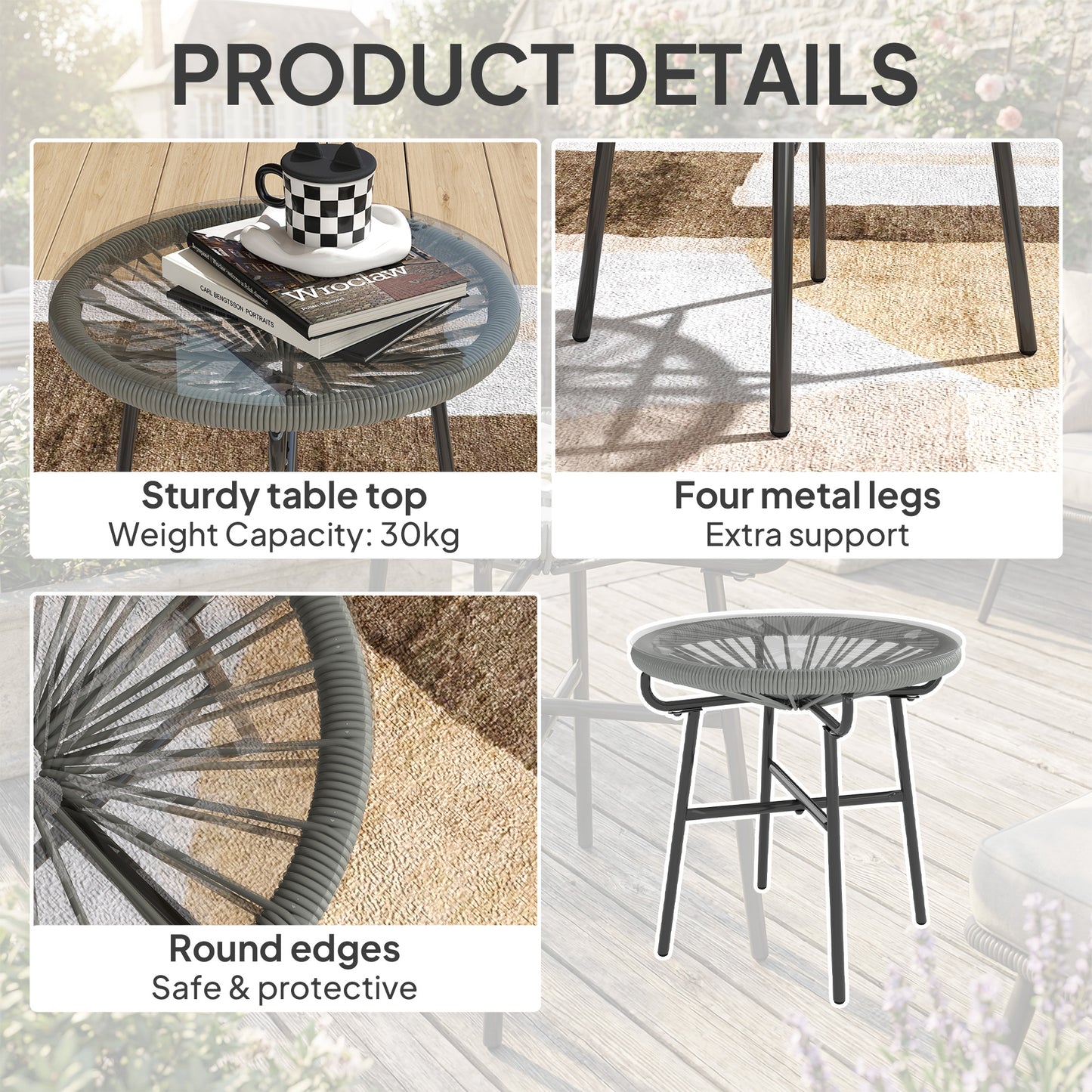 Outsunny Rattan Side Table, Round Outdoor Coffee Table, with Round PE Rattan and Tempered Glass Tabletop, Light Grey--ChewyGames-ChewyGames