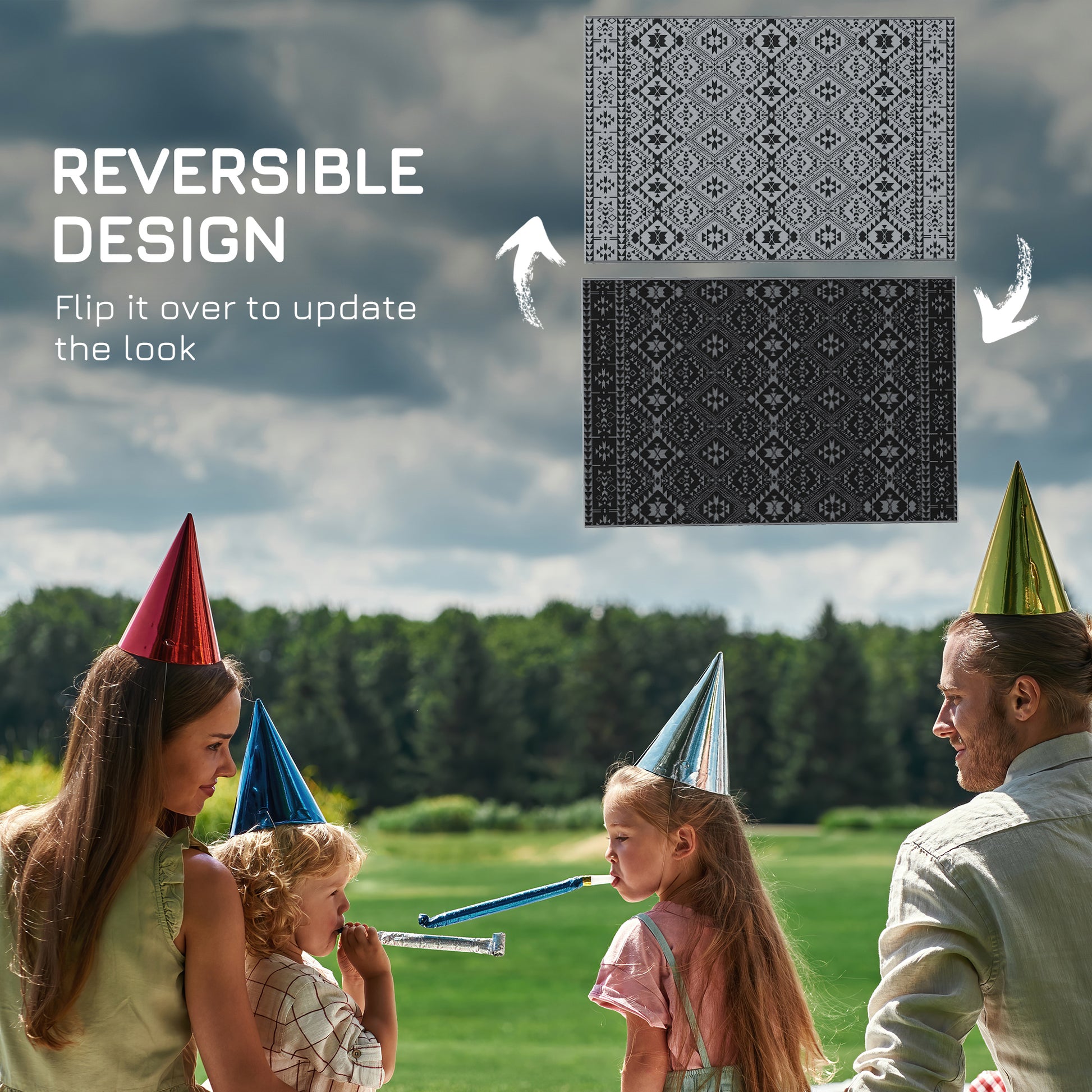 Outsunny 182 x 274cm Reversible Patterned Outdoor Rug, with Bag - Black/Grey--ChewyGames-ChewyGames