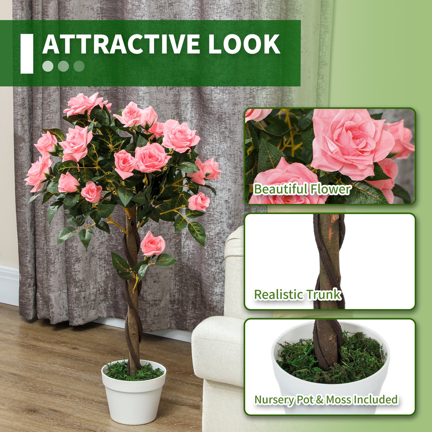 Outsunny Set of 2 Artificial Plants Pink Rose Floral in Pot, Fake Plants for Home Indoor Decor, 90cm--ChewyGames-ChewyGames