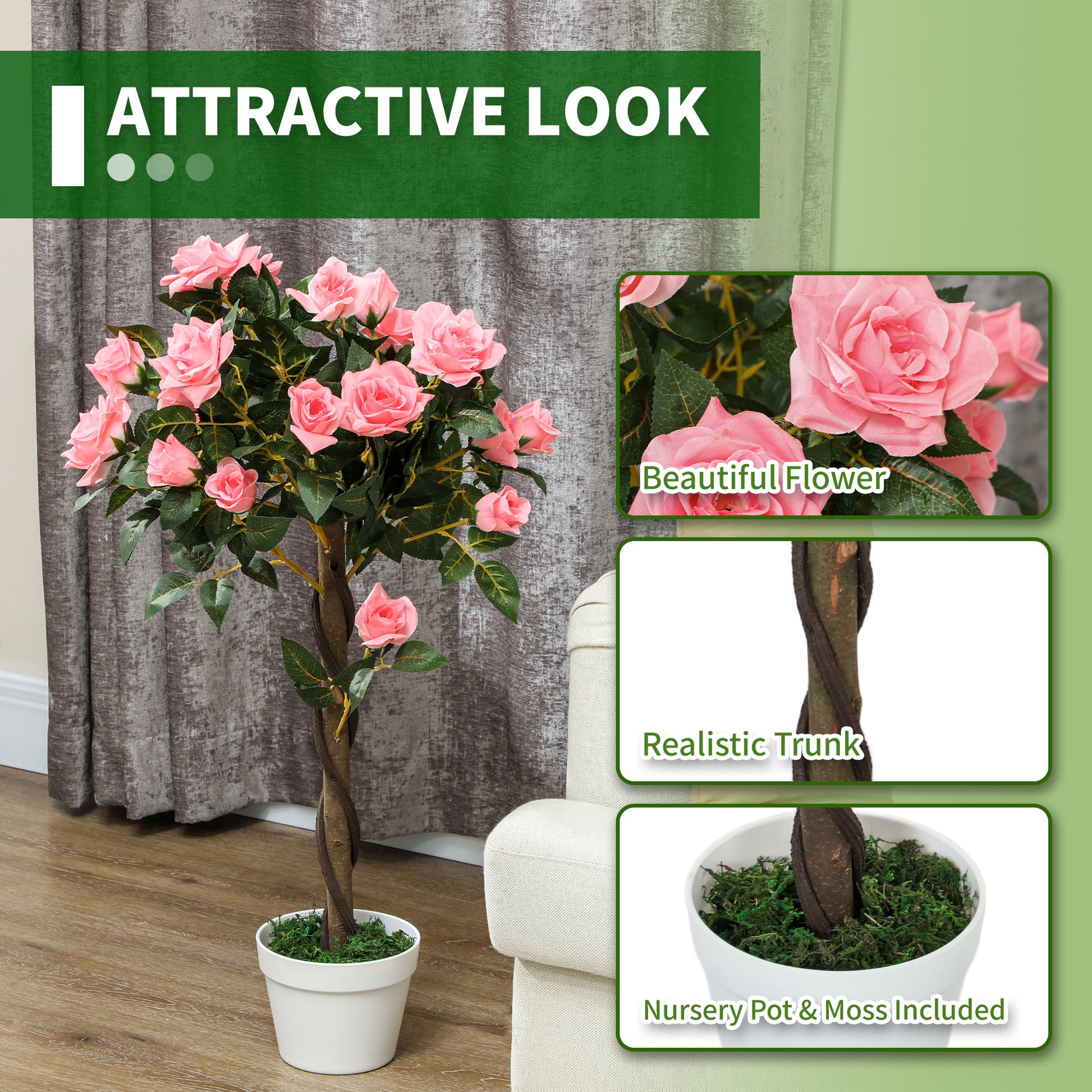 Outsunny Set of 2 Artificial Plants Pink Rose Floral in Pot, Fake Plants for Home Indoor Decor, 90cm--ChewyGames-ChewyGames