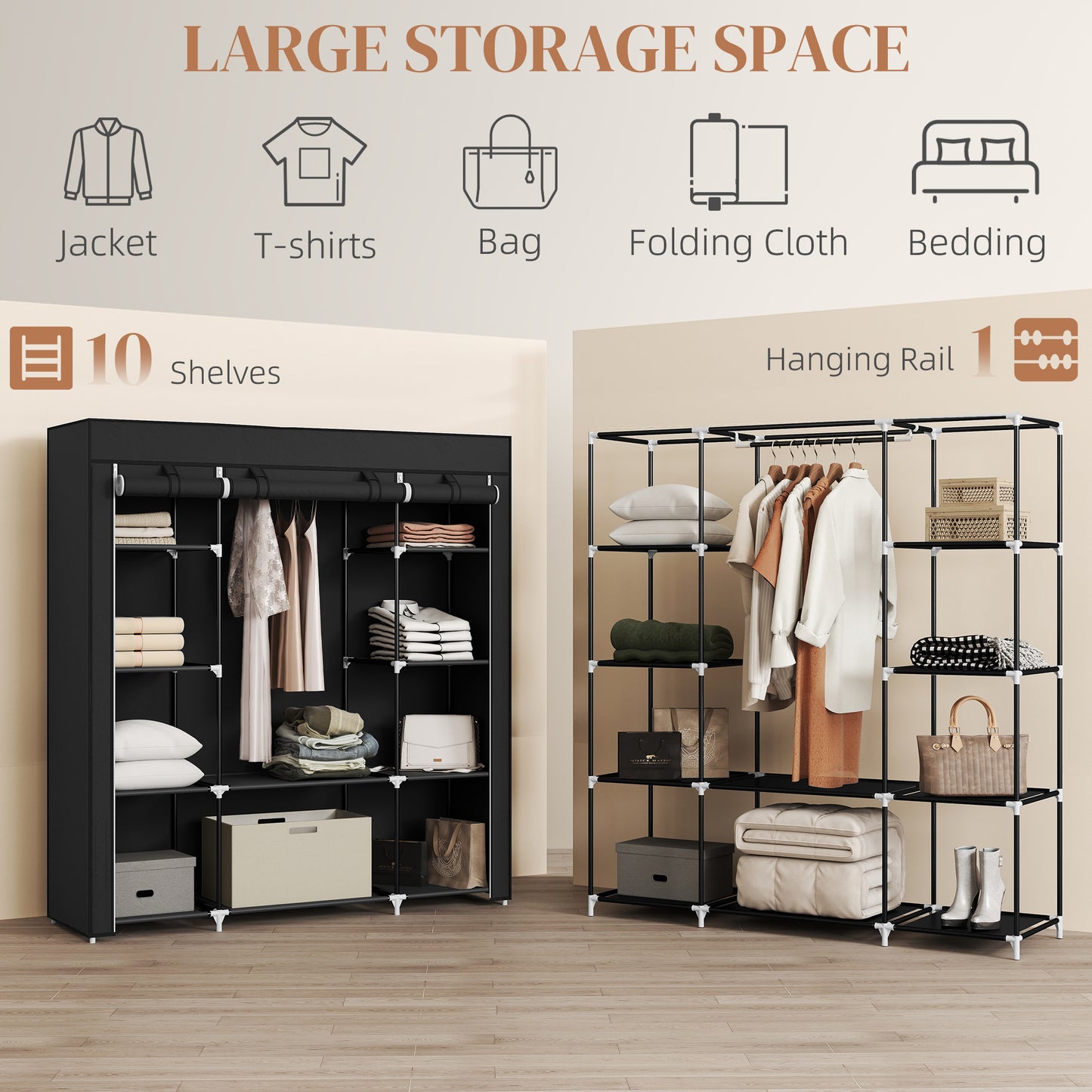 HOMCOM Portable Wardrobe, Foldable Fabric Wardrobe, 150 x 43 x 162.5cm, Clothes Storage Organiser with Hanging Rail, Shelves, Fabric Cover for Bedroom, Black