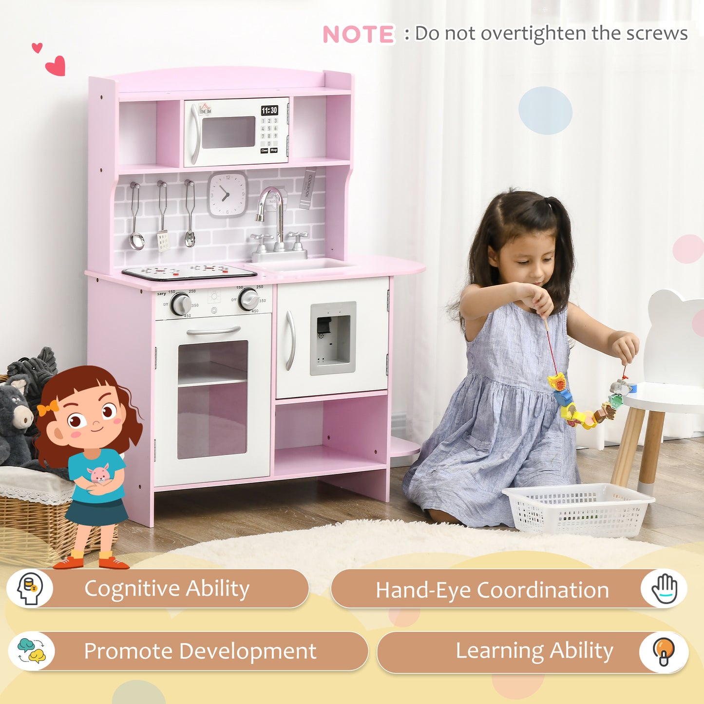 HOMCOM Kids Kitchen Playset, with Lights, Sounds, Microwave, Sink and Storage - Pink--ChewyGames-ChewyGames