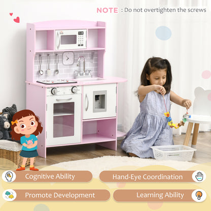 HOMCOM Kids Kitchen Playset, with Lights, Sounds, Microwave, Sink and Storage - Pink--ChewyGames-ChewyGames