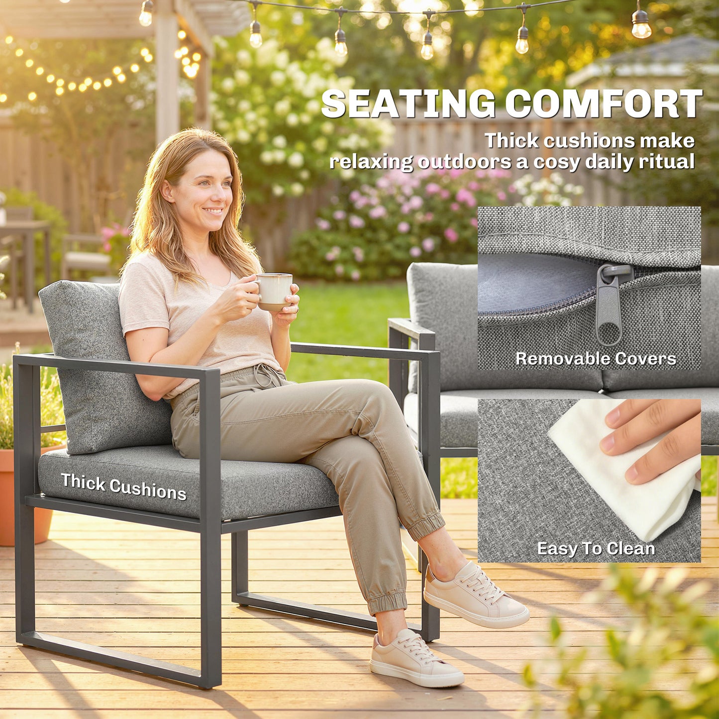 Outsunny 4 Piece Outdoor Garden Furniture Set, Patio Furniture with 3-Seater Sofa, Armchairs and Coffee Table
