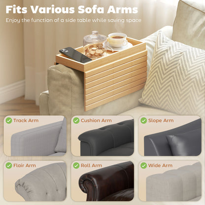 HOMCOM Bamboo Sofa Arm Tray, Foldable Anti-Slip Armrest Tray for Drinks and Snacks, Natural Wood Finish