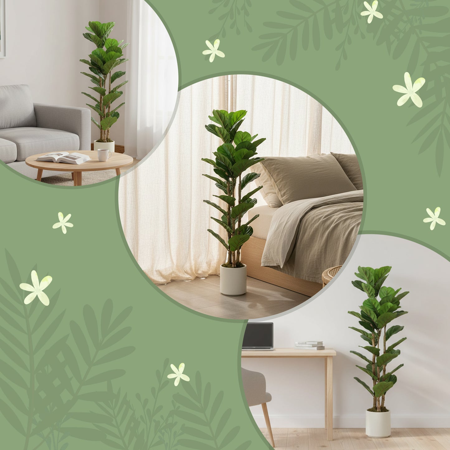 HOMCOM 120cm Set of 2 Artificial Fiddle Leaf Fig Trees - Green