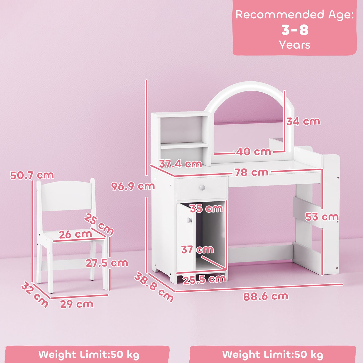 AIYAPLAY Kids Vanity Table and Chair Set, Girls Dressing Table with 2-Colour LED Mirror, Stool, Cabinet, Drawer, Shelves, White
