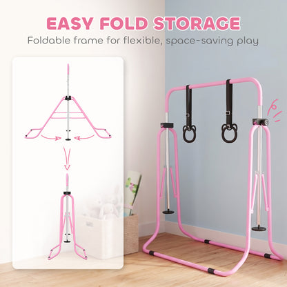 HOMCOM Adjustable Height, Foldable Kids Gymnastics Bar w/ Non-slip Rubber Floor Rings, for 3+ Years, Pink