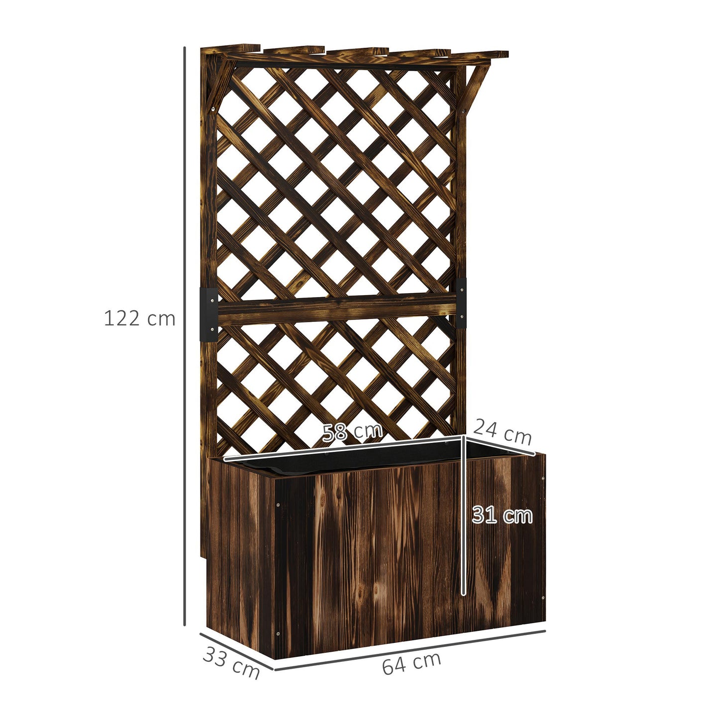 Outsunny Wooden Planter with Trellis, Freestanding Raised Garden Bed with Drainage Holes, Outdoor Planter Box with Liner for Vegetables, Herbs and Flowers, Carbonised
