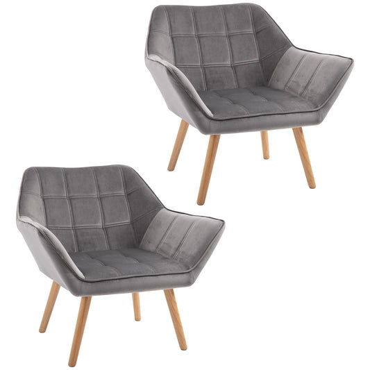 HOMCOM Accent Chair, Velvet Upholstered Vanity Tub Chair with Flared Armrests, Slanted Back, Solid Wood Legs, Comfy Padding Armchair, Home Bedroom Furniture Seating, Set of 2, Grey