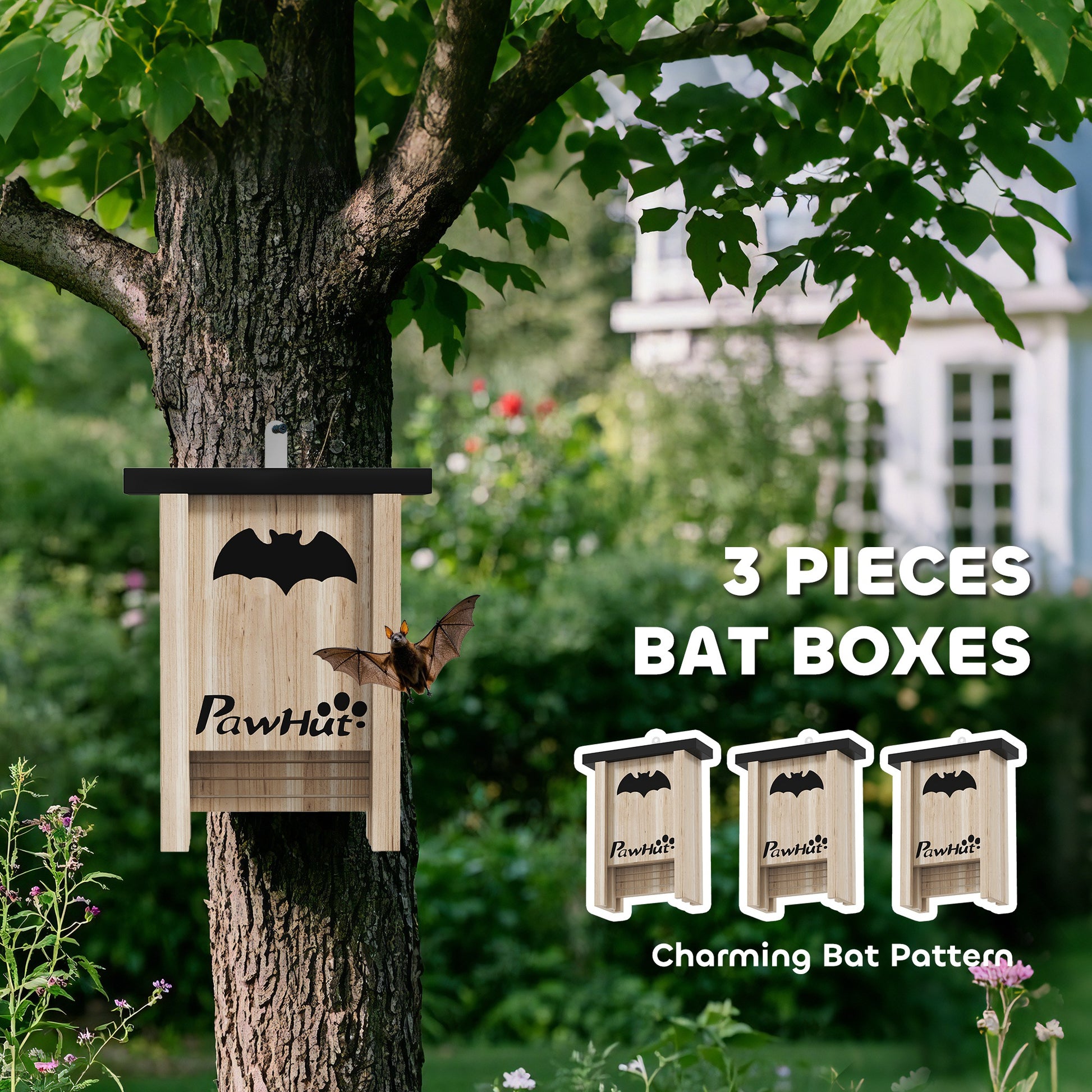 PawHut 3PCs Wooden Bat Boxes, Bat Houses Designed to Attract Bats & Easy to Hang for Outdoor, Garden, Farm, 18 x 6 x 22.5 cm--ChewyGames-ChewyGames