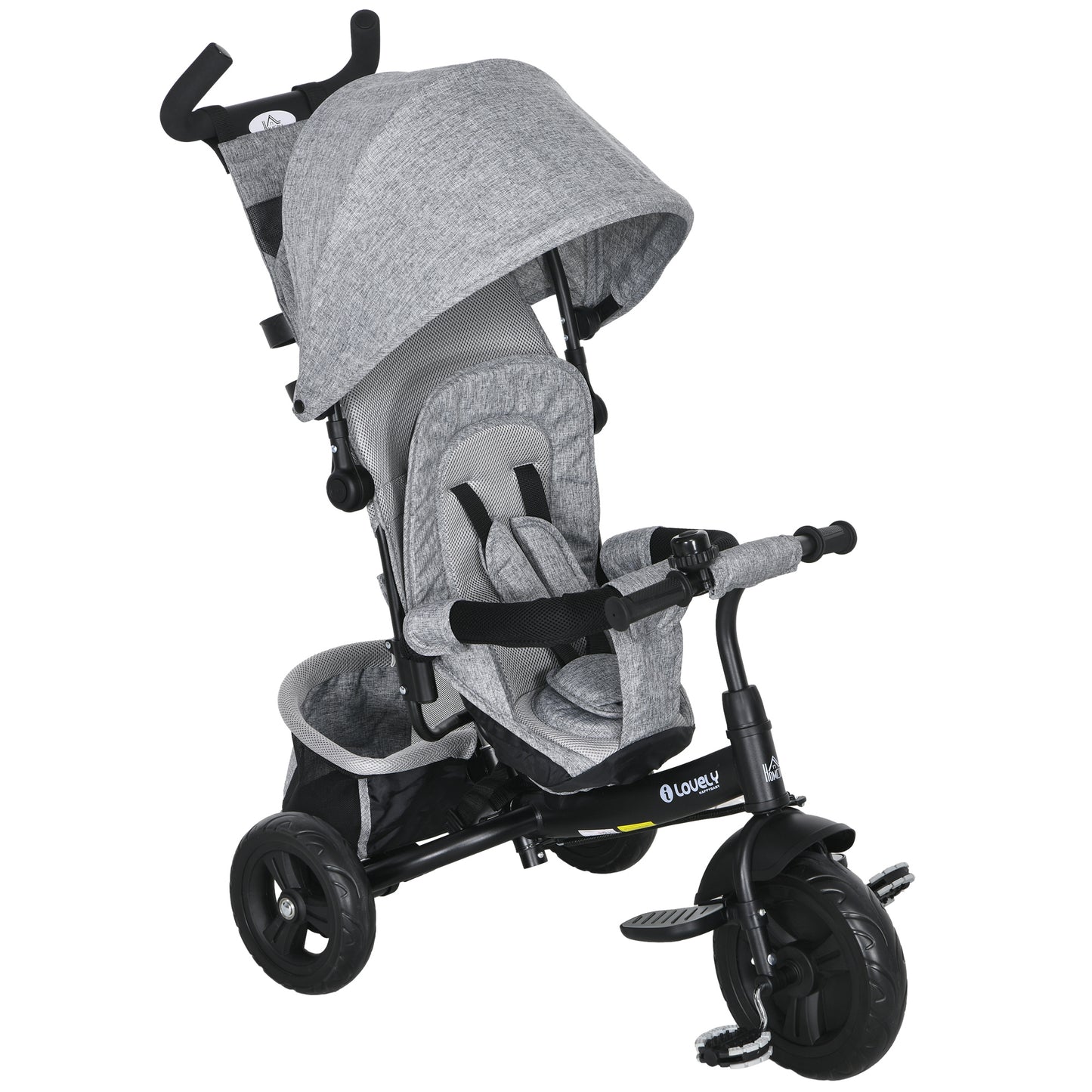 HOMCOM 6 in 1 Kids Trike with Parent Handle, Canopy, 5-point Seat Belt, Storage, Footrest, Brake, for 1-5 Years, Grey
