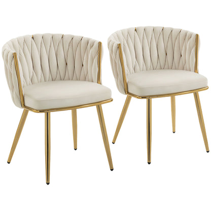 HOMCOM Velvet-Feel Dining Chairs Set of 2, Modern Upholstered Armchair with Knot Design and Golden Metal Legs, Accent Chair for Dining Room, Bedroom, Kitchen, Living Room, Cream