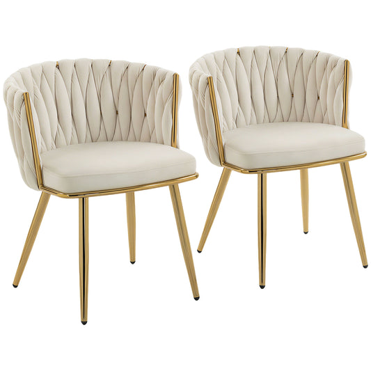 HOMCOM Velvet-Feel Dining Chairs Set of 2, Modern Upholstered Armchair with Knot Design and Golden Metal Legs, Accent Chair for Dining Room, Bedroom, Kitchen, Living Room, Cream