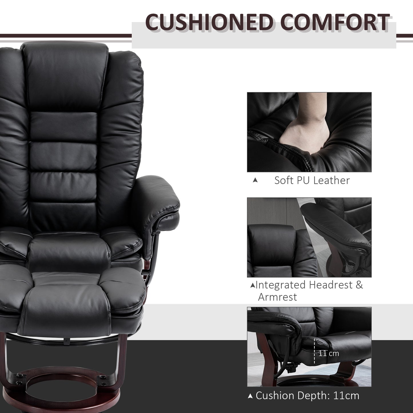 HOMCOM Recliner Chair With footstool, Recliner Armchair up to 130kg Weight Capacity, 135° Reclining Swivel Sofa Chair, PU Leather Ergonomic Couch Bed with Swivel Wood Base for Living Room, Black