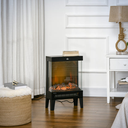 HOMCOM 180° Charming Electric Fireplace Heater, Quiet Freestanding Stove with LED Flame Effect, 3-Sided Tempered Glass Panels, Level-less Temperature Control, Overheat Protection, 1000W/2000W, Black-Indoor Fireplaces-ChewyGames-ChewyGames