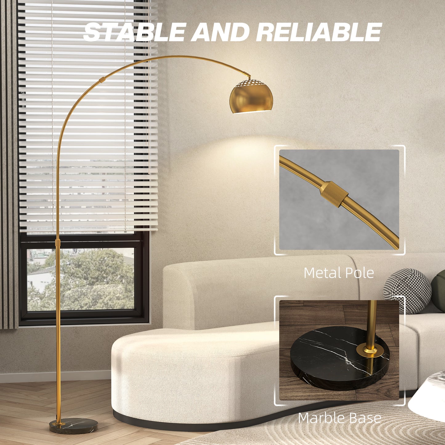HOMCOM 167cm Arc Floor Lamp for Living Room, Modern Adjustable Standing Lamp with Foot Switch, Faux Black Marble Base and Bell Shade for Home Offices, Bedrooms, Gold Tone