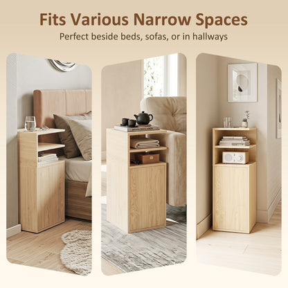 HOMCOM Slim Bedside Table Set of 2, Narrow Bedside Cabinet with Open Cubbies and Cupboard for Bedroom Living Room, Oak