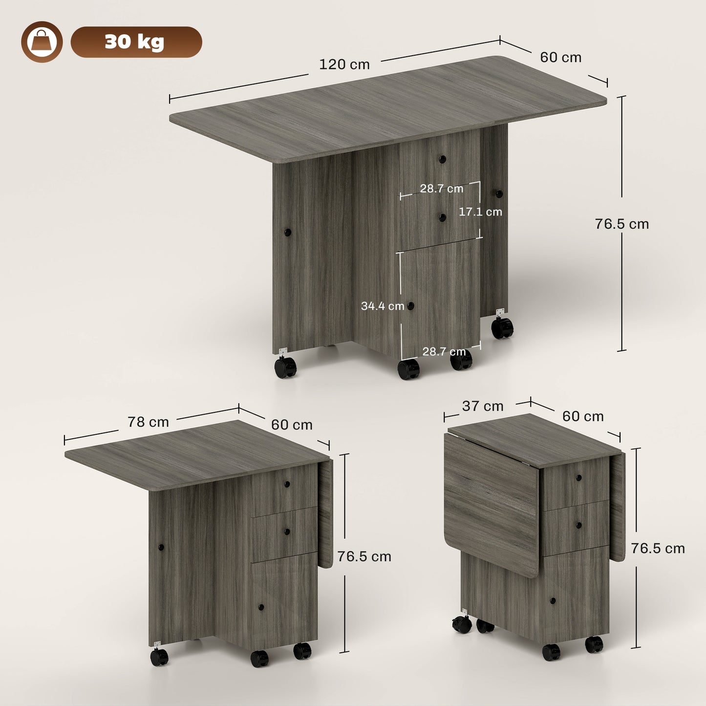 HOMCOM Multi-Storage Six-Person Drop Leaf Dining Table - Grey