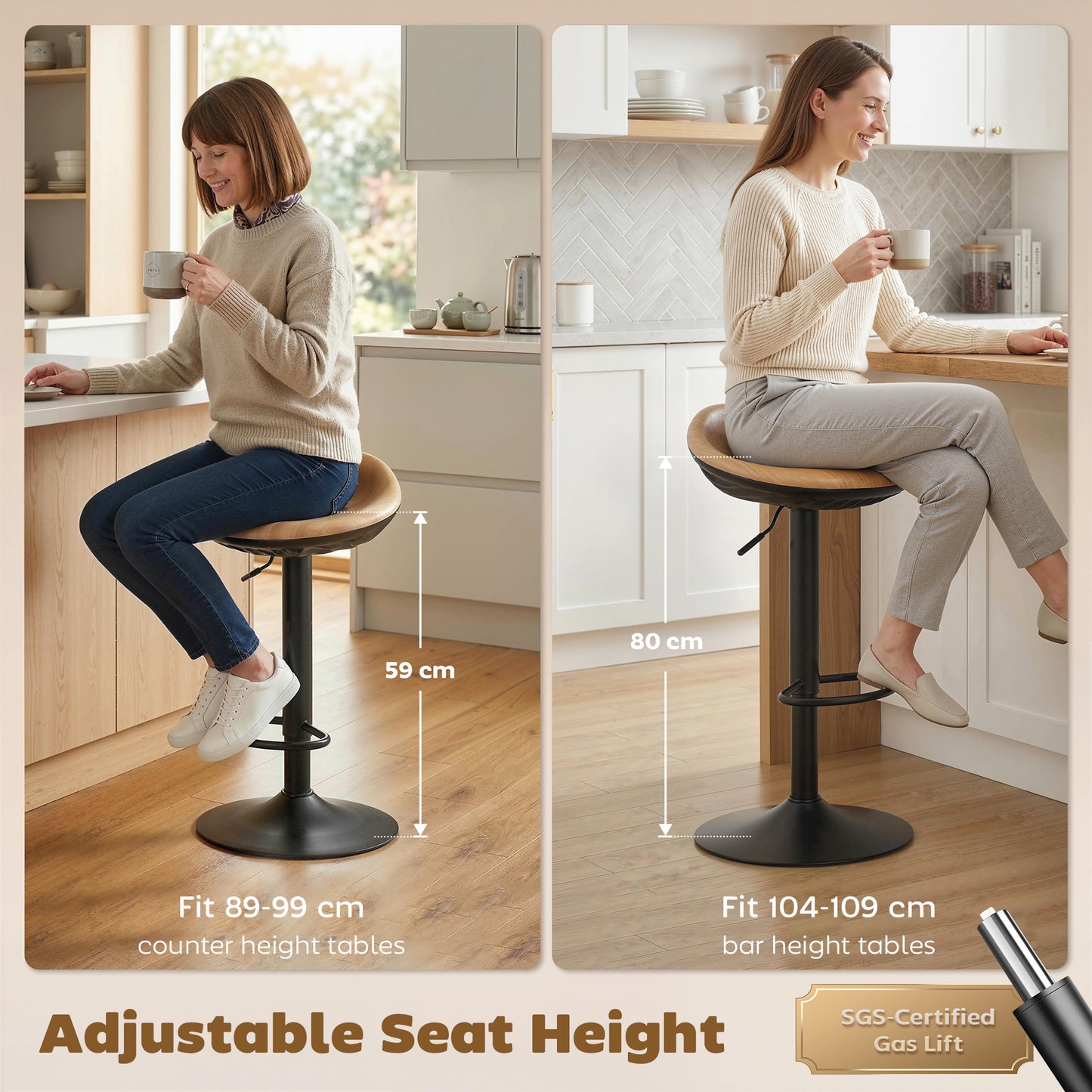 HOMCOM Set of 2 Barstools PU Leather Kitchen Stools with Saddle Seat Height Adjustable Swivel Kitchen Chairs with Footrest Oak