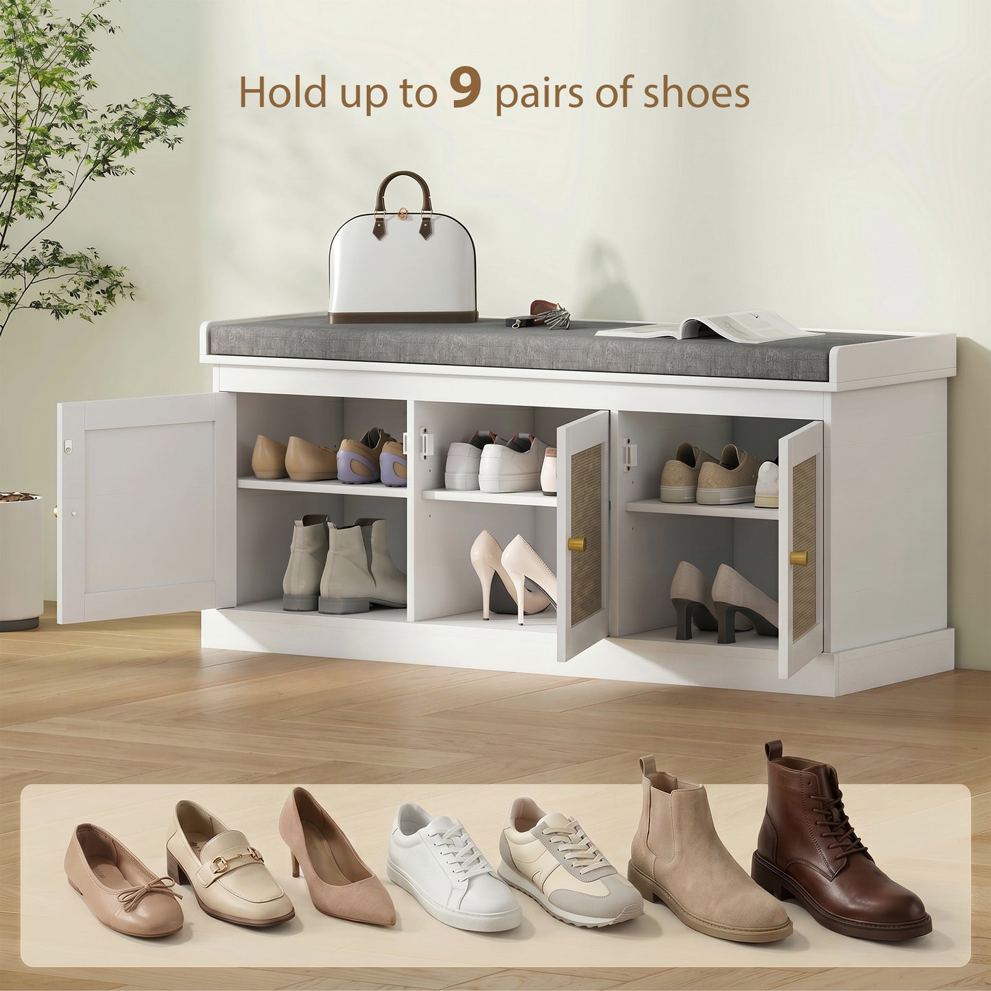 HOMCOM Shoe Storage Bench with Woven Rattan Doors, Seat - White