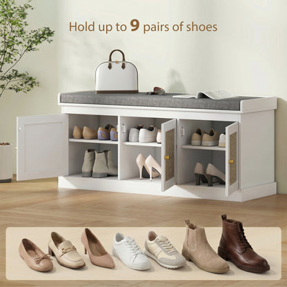 HOMCOM Shoe Storage Bench with Woven Rattan Doors, Seat - White