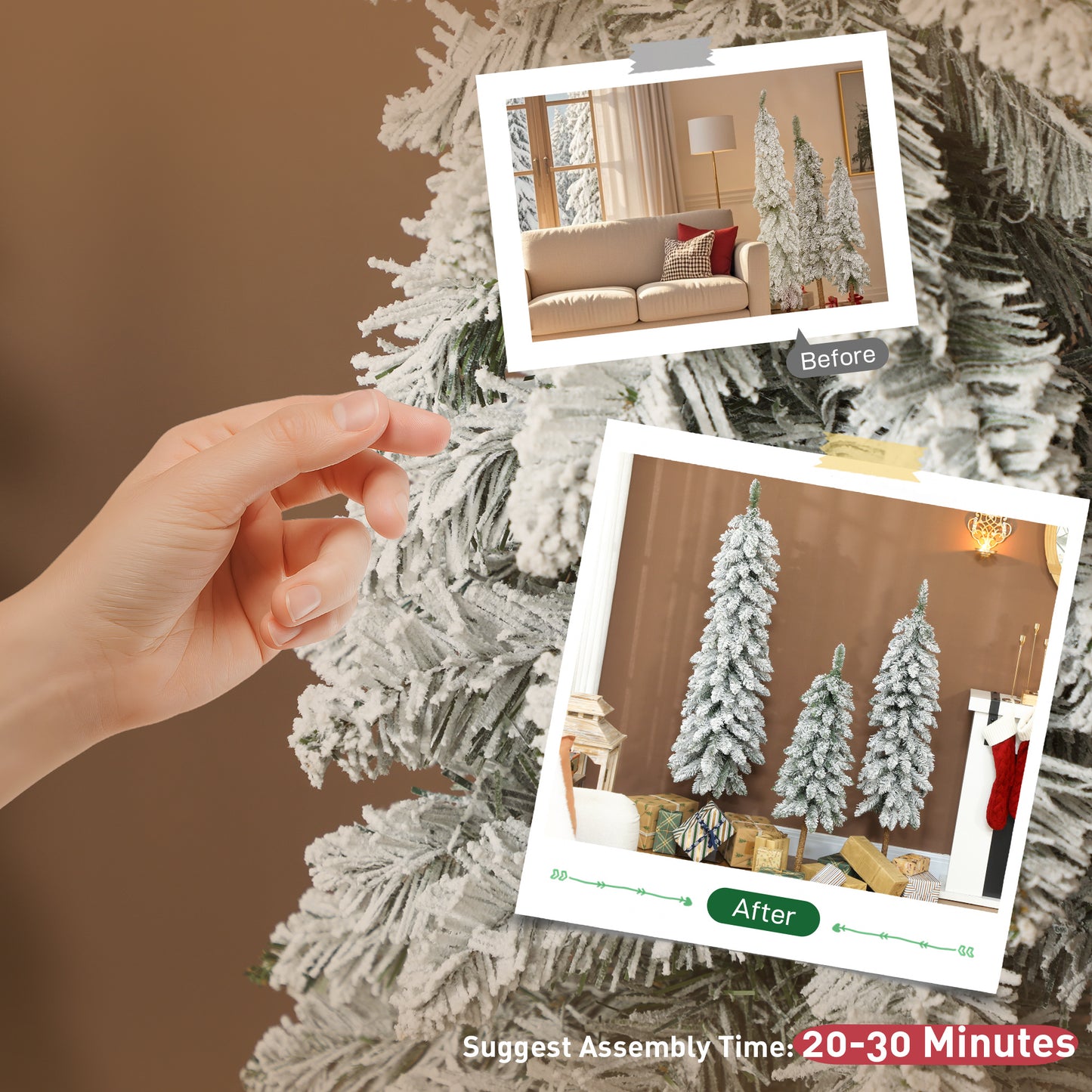 HOMCOM Set of 3 Pencil Flocked Christmas Tree, 3ft 4ft 5ft--ChewyGames-ChewyGames