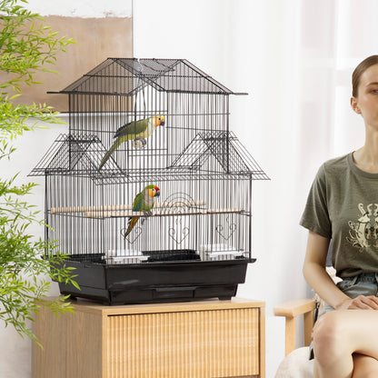 PawHut Metal Bird Cage with Plastic Swing Perch Food Container Tray Handle for Finch Canary Budgie 43.5 x 33 x 63 cm, Black