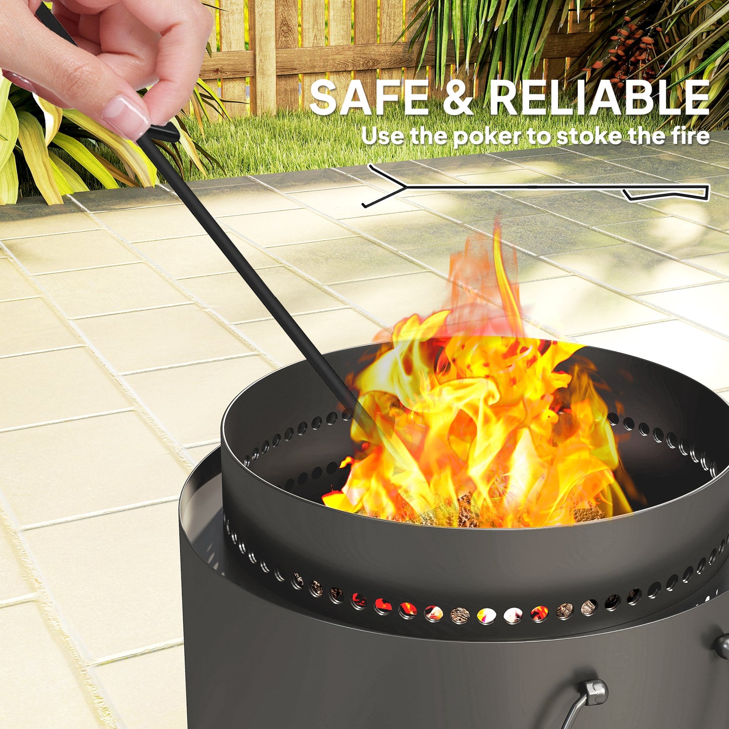 Outsunny Smokeless Fire Pit with Ash Catcher, 37cm Portable Wood Burning Firepit with Poker for Garden Camping Bonfire Party, Metal, Dark Grey