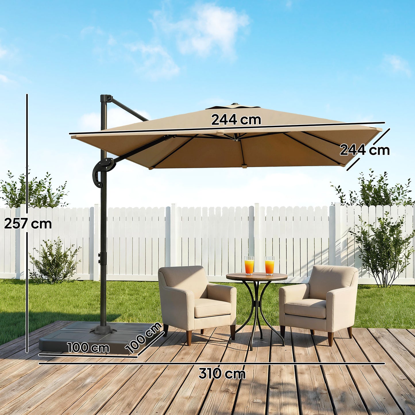 Outsunny 2.4 x 2.4 m Cantilever Parasol with Umbrella Weights, UPF50+ Offset Outdoor Umbrella w/ Easy Tilt Adjustment, Khaki