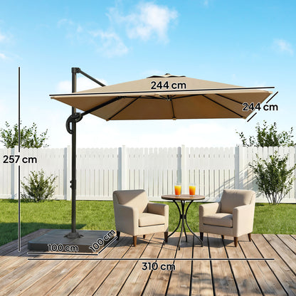Outsunny 2.4 x 2.4 m Cantilever Parasol with Umbrella Weights, UPF50+ Offset Outdoor Umbrella w/ Easy Tilt Adjustment, Khaki