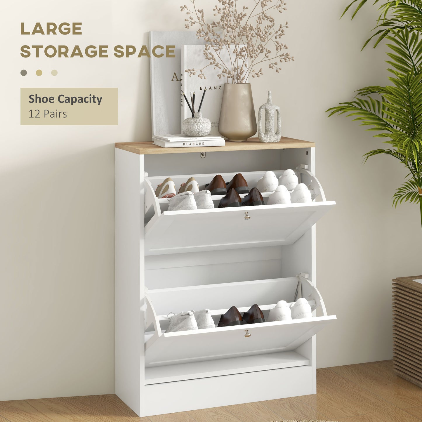 HOMCOM Two Flip Drawer Shoe Cabinet - White