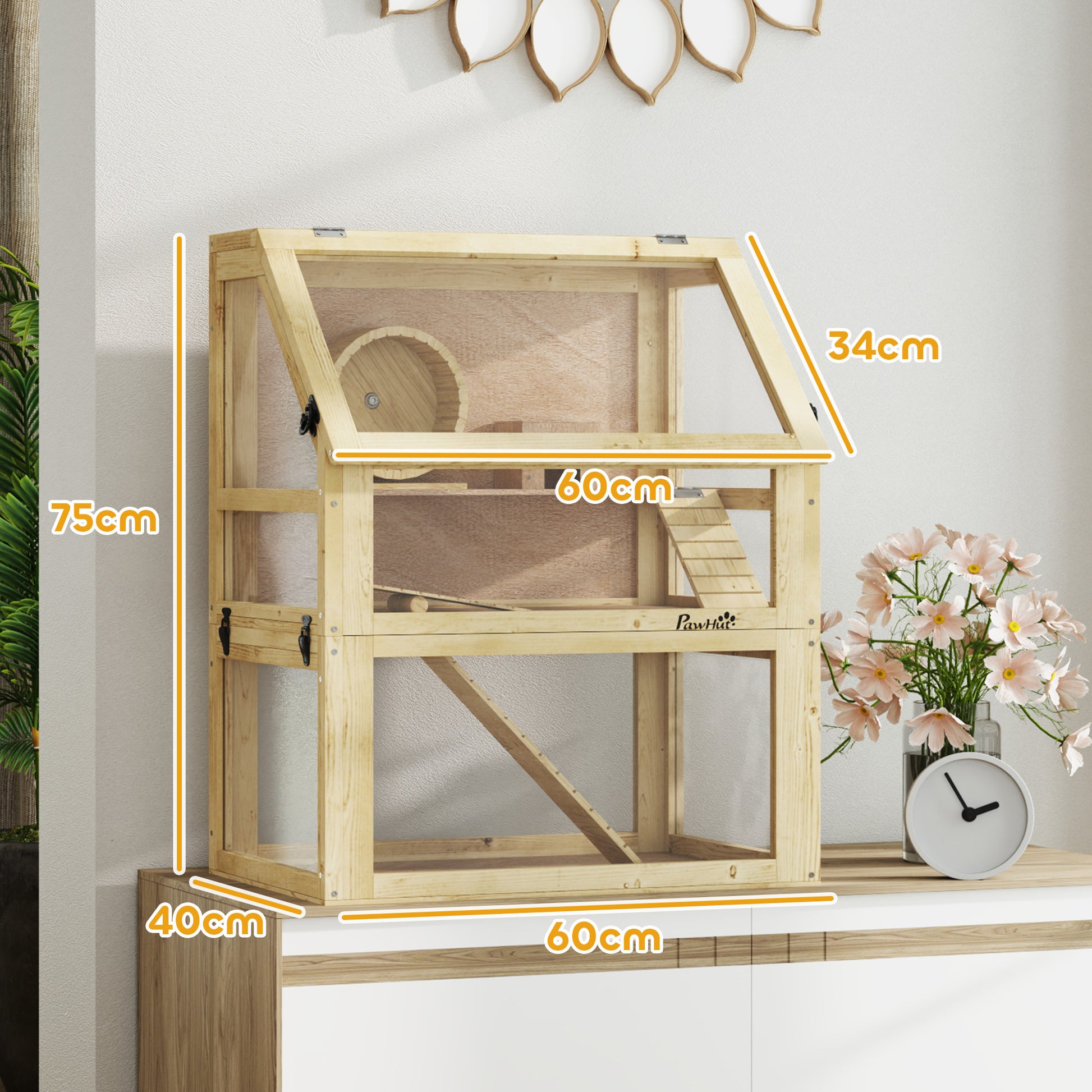 PawHut Wooden Hamster Cage with Detachable 32cm Deep Bottom, Hut, Seesaw, Exercise Wheel, Ramp, 60 x 40 x 75cm, Natural--ChewyGames-ChewyGames