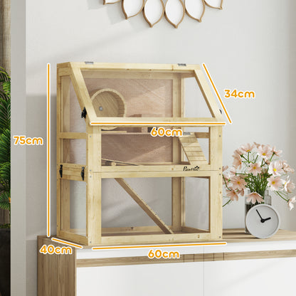 PawHut Wooden Hamster Cage with Detachable 32cm Deep Bottom, Hut, Seesaw, Exercise Wheel, Ramp, 60 x 40 x 75cm, Natural--ChewyGames-ChewyGames