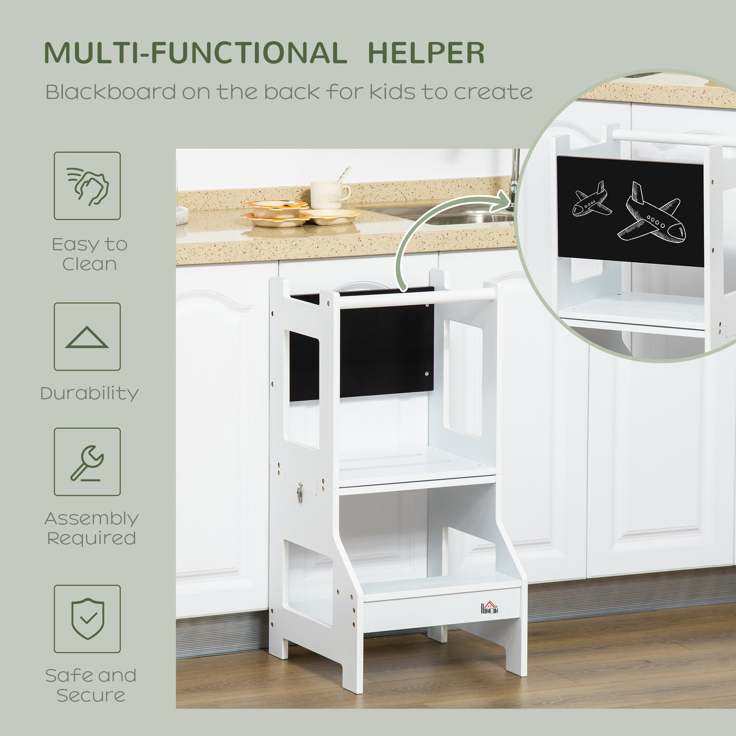 HOMCOM Toddler Step Stool for Kids, 2 in 1 Foldable Step Stool with Security Rail and Chalkboard for Kitchen Bathroom, White